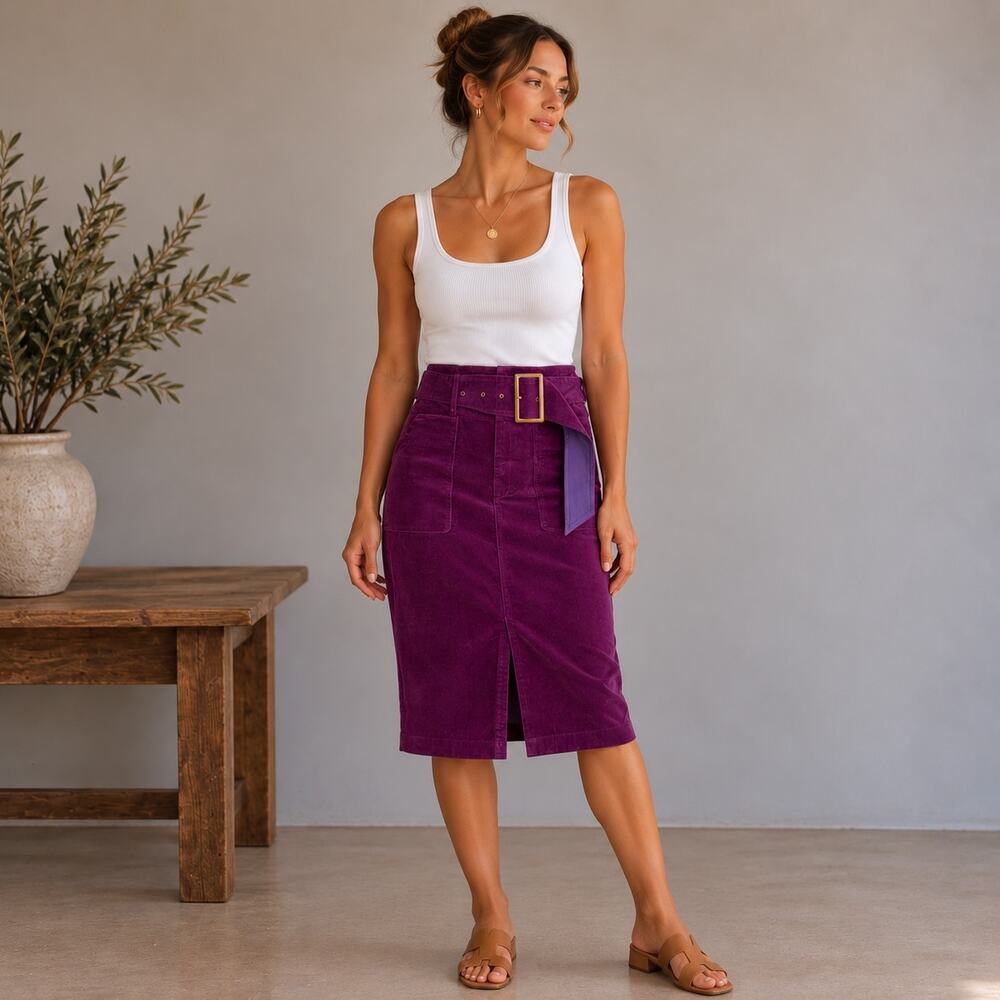 Lily Brown Magenta Corduroy Belted Lined Straight Skirt 1